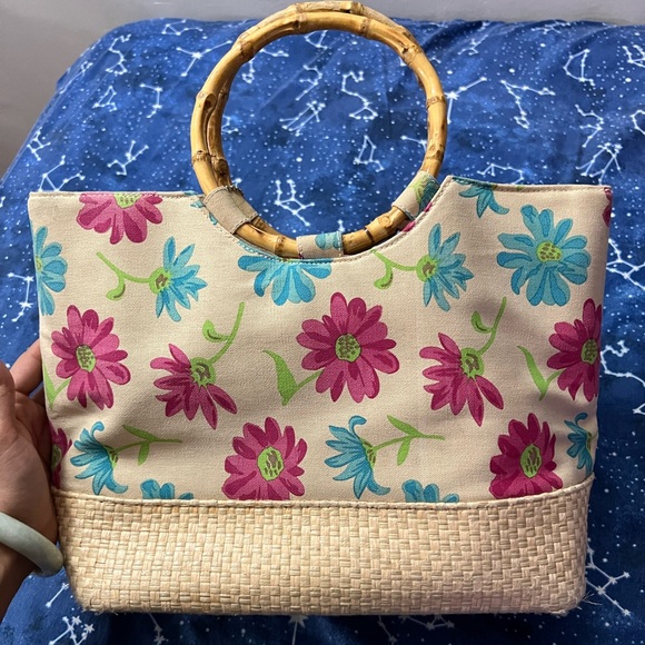 Sonoma Life Style Flower Print Bamboo Handle Handbag Purse - Picture 2 of 5